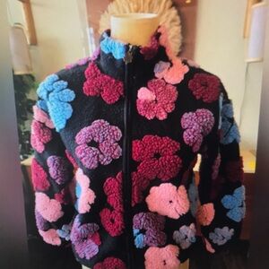 Black Floral Sherpa Zip Jacket with Pink, Blue & Purple Flowers